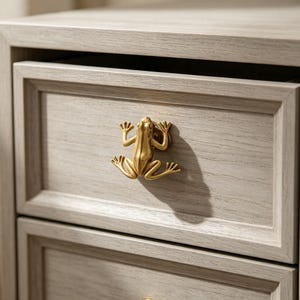 May include: A gold-toned metal drawer knob shaped like a frog, featuring a smooth, reflective surface and detailed limbs. The knob is mounted on the center of a light-colored, wood-grained drawer front with a rectangular frame design.