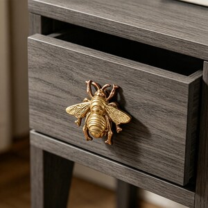 Könnte beinhalten: Eine dunkelgraue Schubladenfront mit Holzmaserung und einem metallischen, goldfarbenen Griff in Bienenform. Der Bienenbeschlag weist detaillierte Flügel und einen segmentierten Körper auf und ist mittig auf der Schubladenfront montiert.