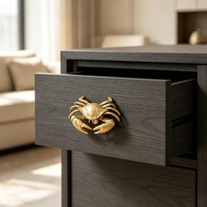 Puede incluir: Un cajón de madera de color marrón oscuro con un tirador metálico dorado en forma de cangrejo. El cajón está parcialmente abierto, revelando la textura de la veta de la madera oscura y la forma tridimensional detallada del cangrejo en el frente.