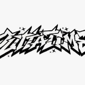 May include: A black and white graphic design featuring the word OUTTATIME written in a sharp, angular graffiti-style font. The lettering is outlined in bold black lines with small four-pointed star accents scattered around the text.