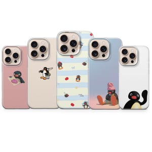 May include: Five smartphone cases featuring Pingu character designs. The cases display various scenes including Pingu with a heart, fishing, a striped pattern with apples, sitting in a pink hat, and a close-up of Pingu waving against a white background.