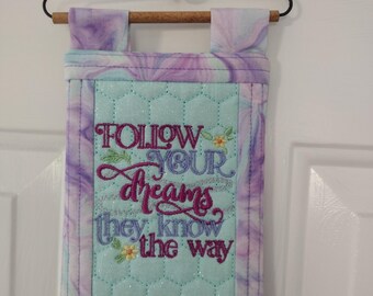 Embroidered Mini Quilt Wall Hanging | Inspirational Word Art, Follow Your Dreams Home Decor