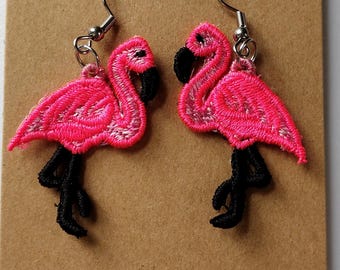 Flamingo Earrings • Machine Embroidered Pink Bird Dangles • Hypoallergenic Stainless Steel Hooks