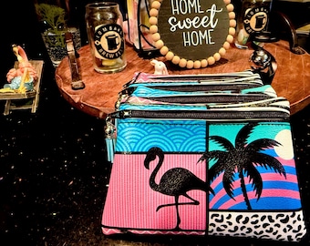 Tropical Flamingo Palm Tree Clutch | Marine Vinyl Zippered Bag (4x6)