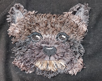 Fringe 3D Yorkshire Terrier Embroidered Ladies V-Neck T-Shirt