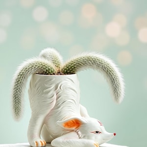 May include: A white ceramic planter shaped like a fox in a bowing position, featuring orange-tinted ears and a red nose. The planter holds a green, spiky, long-stemmed cactus that arches over the sides of the fox-shaped vessel.