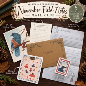 May include: Ink & Evergreen November Field Notes Mail Club set including a 4 inch by 6 inch crow art print, a discovery card, a letter from the artist, a brown envelope, a themed sticker sheet, and a collectible stamp-style sticker.