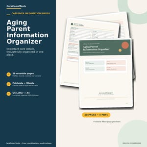 May include: An Aging Parent Information Organizer binder with 20 reusable pages. The document features a dark blue sidebar with white text, including the title and features. The main pages are cream-coloured with dark green and orange accents.