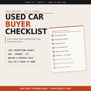 Könnte beinhalten: Eine Gebrauchtwagen-Käufer-Checkliste, Ausgabe 2026 für die USA und Kanada. Das Dokument enthält über 120 Prüfpunkte für Benzin-, Hybrid- und Elektrofahrzeuge sowie eine druckbare Inspektionsliste für Händler- und Privatverkäufe.