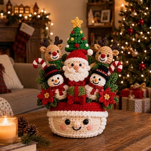 May include: A crochet Christmas centerpiece featuring a Santa Claus figure, two snowmen, two reindeer, and a small Christmas tree. The base is a round, cream-colored crochet basket with a smiling face, topped with a red and white crochet rim.