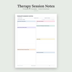 Op de afbeelding: Een printbaar sjabloon voor therapiesessienotities met secties voor patiëntnaam, datum, sessienummer, voortgangsbeoordeling, discussiepunten, doelen, bronnen, sessienotities, actieplan, huiswerk en het plan voor de volgende sessie.