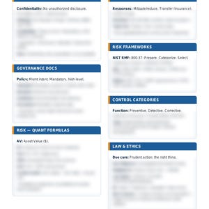 May include: A CISSP Rapid Review study sheet titled D1 - Security & Risk Management, Page 1 of 11. The document features blue headers for sections including CIA Triad, Risk Responses, Governance Docs, Risk Frameworks, Control Categories, and Law & Ethics.