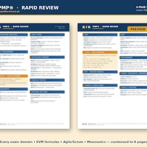 May include: A 6-page digital PMP Rapid Review guide featuring two pages of study material. The document includes headers with the text R|R PMP Rapid Review, organized sections on team structure, conflict management, and EVM formulas with blue and orange accents.