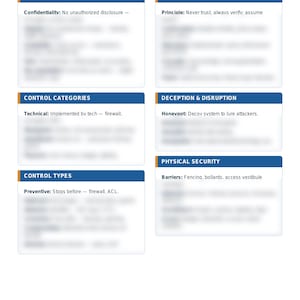 May include: A white educational study sheet titled Security+ (SY0-701) Rapid Review, featuring six blue-bordered boxes containing text on security concepts like CIA Triad & AAA, Zero Trust, Control Categories, Deception & Disruption, and Physical Security.