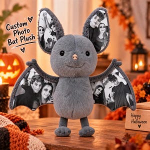 Personligt foto av fladdermusplysch, anpassat fladdermusgosedjur, Halloweenpresent, fotominnessak, personlig plyschleksak, present till par, gotisk dekor