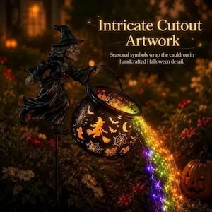 May include: A black witch figurine wearing a pointed hat, holding a dark cauldron with intricate cutout designs of bats, spiders, and moons. A cascade of multicolored LED fairy lights flows from the cauldron, illuminating the surrounding area.