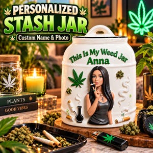 Pode incluir: Um pote de armazenamento de cerâmica branca com uma ilustração 3D em relevo de uma pessoa com cabelos longos e escuros, folhas de cannabis verdes e acessórios para fumar. O texto "This Is My Weed Jar" e o nome "Anna" estão impressos em verde.