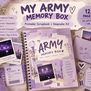 May include: A purple-themed My Army Memory Box printable scrapbook and keepsake kit. Includes a spiral-bound notebook, concert ticket templates, photo frames, envelopes, and stickers. Features text such as My Army Memory Box, Songs, Moments, Memories, Forever, and Open When you miss concert days.