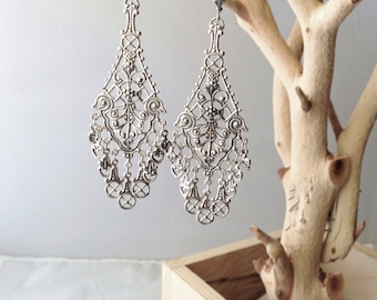 Sterling Silver Filigree Fan Drop Earrings, Chandelier Jewelry