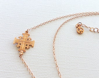 Jerusalem Cross Necklace in Sterling Silver 18k (Rose Gold Plating), Cross Jewelry, Sideways Cross Necklace, Gold Cross Necklace For Women.