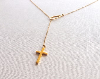 Lariat Cross Necklace in Sterling Silver (18K Yellow Gold Plating), Cross Jewelry