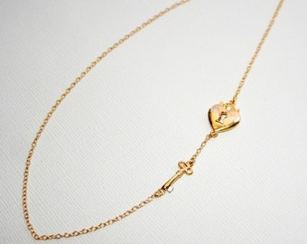 Lock & Key Necklace in Sterling Silver (18k Yellow Gold Plating), Key Jewelry, Heart Jewelry, Valentines Gift