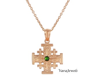 Croce di Gerusalemme in argento sterling (placcato oro rosa) con cristallo Swarovski, gioiello con pietra portafortuna.