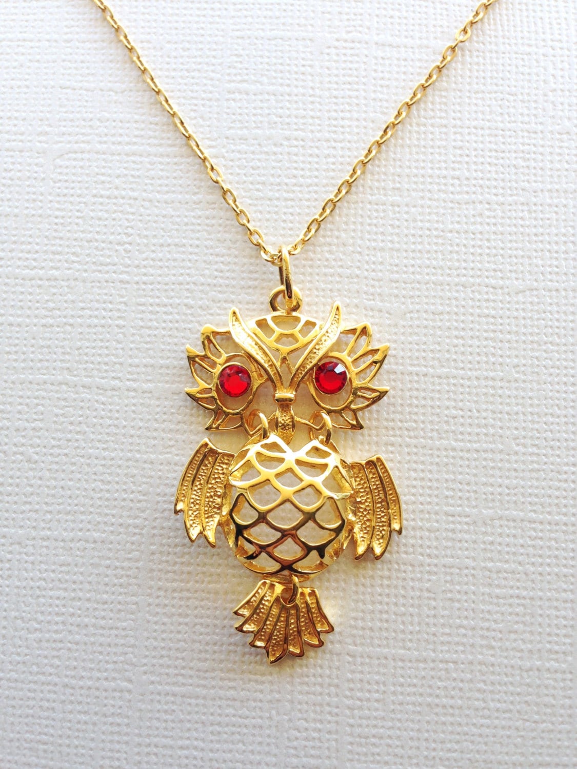 Wise Owl Pendant with Ruby Red Eyes in Sterling Silver ( 18k Yellow Gold Plating)