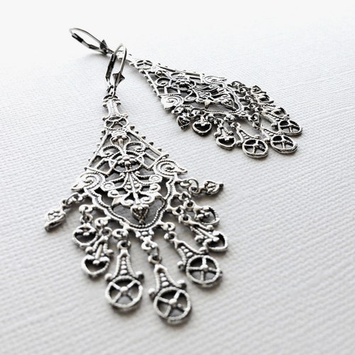 Orders Sterling Silver Filigree Fan Drop Earrings, Chandelier Earring.