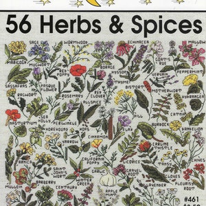 Puede incluir: Un gráfico de punto de cruz con 56 hierbas y especias. El gráfico es una ilustración colorida de varias hierbas y especias, con sus nombres debajo de cada imagen. El gráfico se titula "56 Herbs & Spices" y forma parte de la serie "One Nighters". El número del gráfico es #461 y el precio es de 3,50 €.