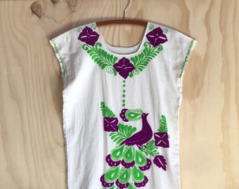 Vibrant Green and Purple Embroidered Peacock Puebla Dress