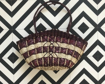 Burgundy and Natural Straw Striped Woven and Knotted Top Handle Handbag with Zip Closure