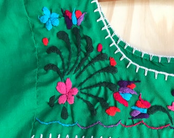 Girls' Green Puebla Dress with Embroidered Flowers