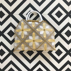 Cross-Stitched Yellow and White Summer Bag image 1