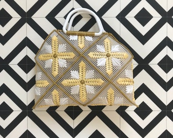 Cross-Stitched Yellow and White Summer Bag