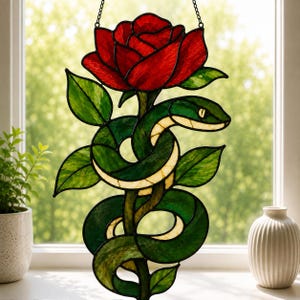 Rose with Snake Stained Glass Pattern PDF & SVG, Gothic Rose Suncatcher Template, Floral Snake Window Decor