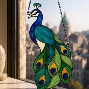 May include: A stained glass peacock suncatcher featuring vibrant blue, green, and yellow glass segments outlined in dark metal. The peacock is depicted in profile with a crest on its head and a long, fanned tail with circular eye patterns, suspended by a metal chain.
