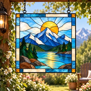 Puede incluir: Un panel de vidriera cuadrado que muestra un paisaje montañoso con un sol amarillo brillante, picos azules nevados, pinos verdes y un lago azul reflectante. La pieza está enmarcada por un borde de segmentos de vidrio azul, blanco y naranja.