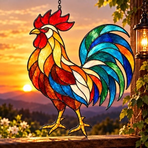 May include: A stained glass suncatcher shaped like a rooster, featuring vibrant red, yellow, orange, blue, and green glass segments held together by black metal lines. The rooster is depicted in profile with a prominent comb and detailed tail feathers.