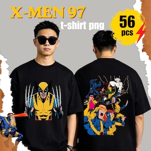 Może przedstawiać: Czarny t-shirt z grafiką Wolverine'a z wysuniętymi pazurami z przodu oraz grupową ilustracją postaci z X-Men z tyłu. Tekst X-MEN 97 t-shirt png 56 pcs znajduje się w górnej części obrazu.