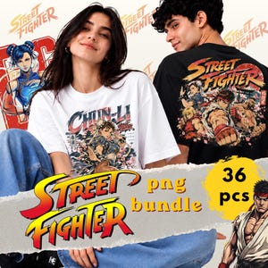 Puede incluir: Una colección digital de 36 archivos PNG de Street Fighter con ilustraciones gráficas de personajes como Chun-Li y Ryu. Los diseños incluyen arte vibrante, motivos de flores de cerezo y el logotipo de Street Fighter en camisetas blancas y negras.