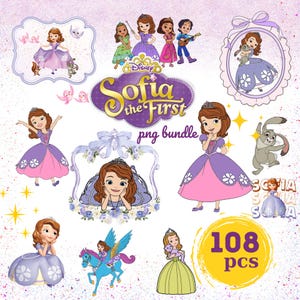 May include: A digital collection of Sofia the First character illustrations featuring Sofia in various purple and pink dresses, alongside animal friends, a blue winged horse, and the Disney Sofia the First logo with the text 108 pcs.