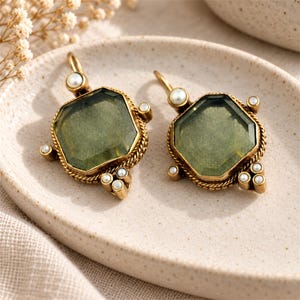 May include: A pair of earrings featuring large, faceted, octagonal olive-green stones set in antiqued gold-tone metal frames. The frames are decorated with twisted rope detailing and small, round, white pearls positioned at the edges.