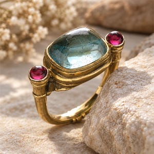 Puede incluir: Un anillo de tono dorado con una gran piedra preciosa rectangular de color azul claro en talla cojín en el centro, flanqueada por dos piedras cabujón redondas de color rosa intenso a cada lado, montadas sobre una banda metálica texturizada.