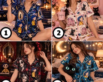 May include: A set of four Coraline-themed pajama shirts featuring various character prints, including Coraline in a yellow raincoat, black cats, and the Pink Palace house, with button-down fronts and short sleeves.