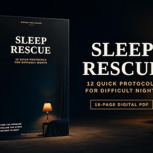 May include: A black book titled SLEEP RESCUE 12 QUICK PROTOCOLS FOR DIFFICULT NIGHTS with the text FIND THE PROBLEM FOLLOW THE STEPS RETURN TO REST and 18-PAGE DIGITAL PDF. The cover features a small lamp on a table in a dark room.