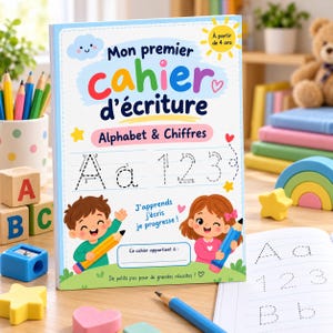 Op de afbeelding: Een educatief schrijfwerkboek voor kinderen getiteld Mon premier cahier d'écriture Alphabet & Chiffres. De kaft bevat kleurrijke tekst, illustraties van twee kinderen met potloden en stippellijnen om letters en cijfers te oefenen.