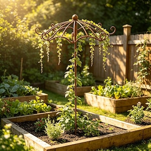May include: A brown metal garden trellis shaped like an umbrella with curved decorative ends. The structure features a central vertical pole supporting a canopy frame, with green climbing vines growing up the pole and draping from the top.