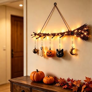 May include: A decorative wall hanging featuring a horizontal twig broomstick adorned with warm white fairy lights. Five ornaments hang from the broom: a metal bell, a white ghost, an orange jack-o'-lantern, a black cat head, and a gold crescent moon.