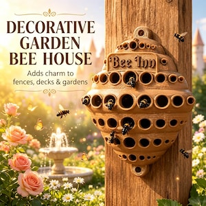May include: A tan, hive-shaped decorative garden bee house with multiple circular nesting holes and the text "Bee Inn" embossed on the front. The structure is mounted on a wooden post, featuring a textured surface and several bees.